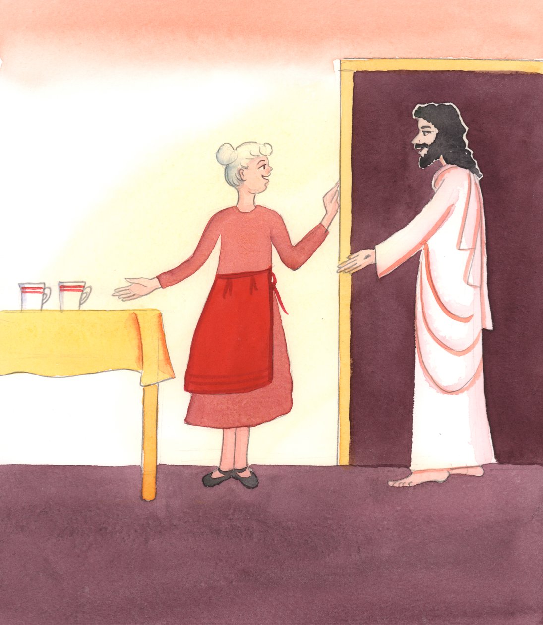 Se dermos a Cristo um acolhimento caloroso na Sagrada Comunhão e depois falarmos com Ele, é como se O convidássemos para uma cozinha para um encontro feliz, 2005 (aguarela sobre papel) de Elizabeth Wang