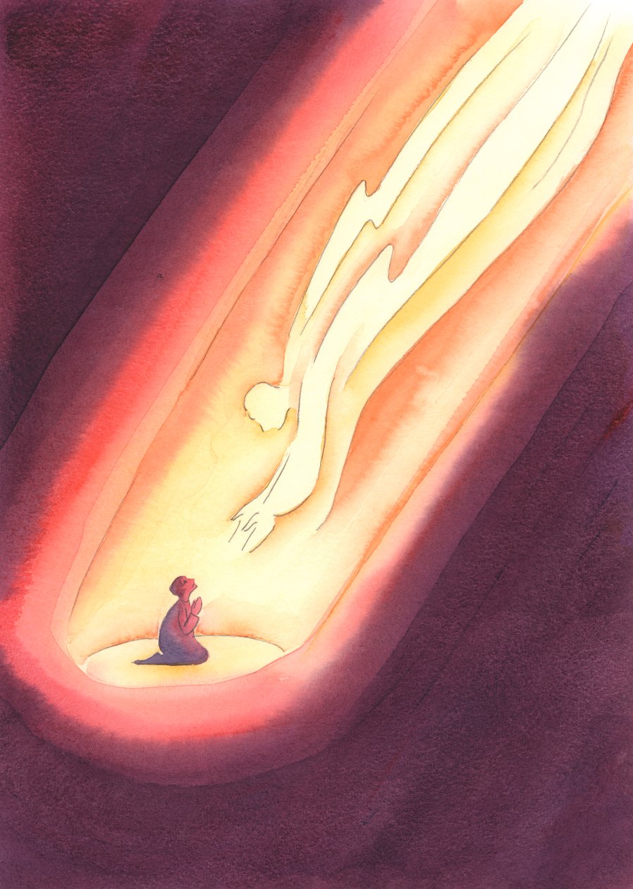 Se oramos com fé, com a honestidade e a confiança de uma criança, Deus sempre chega até nós, mesmo que não sintamos a Sua presença. , 2004 (w - c no papel) de Elizabeth Wang