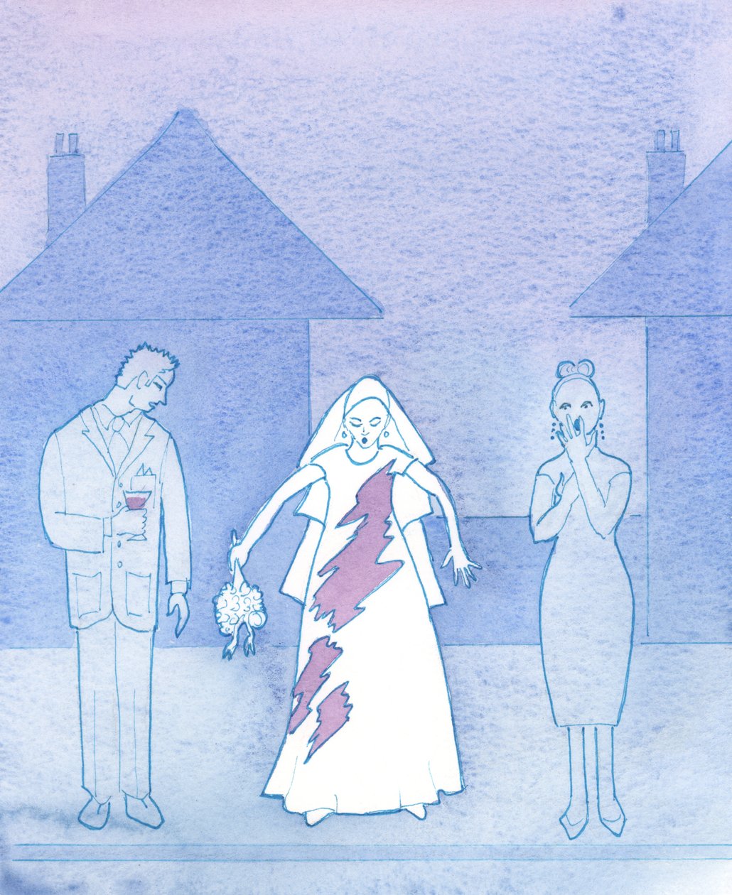Imagine o quão envergonhada ficaria uma noiva, cujo vestido tivesse ficado manchado por uma bebida derramada, e que então pensasse em sua caminhada em direção ao altar, 2003 (w - c no papel) de Elizabeth Wang
