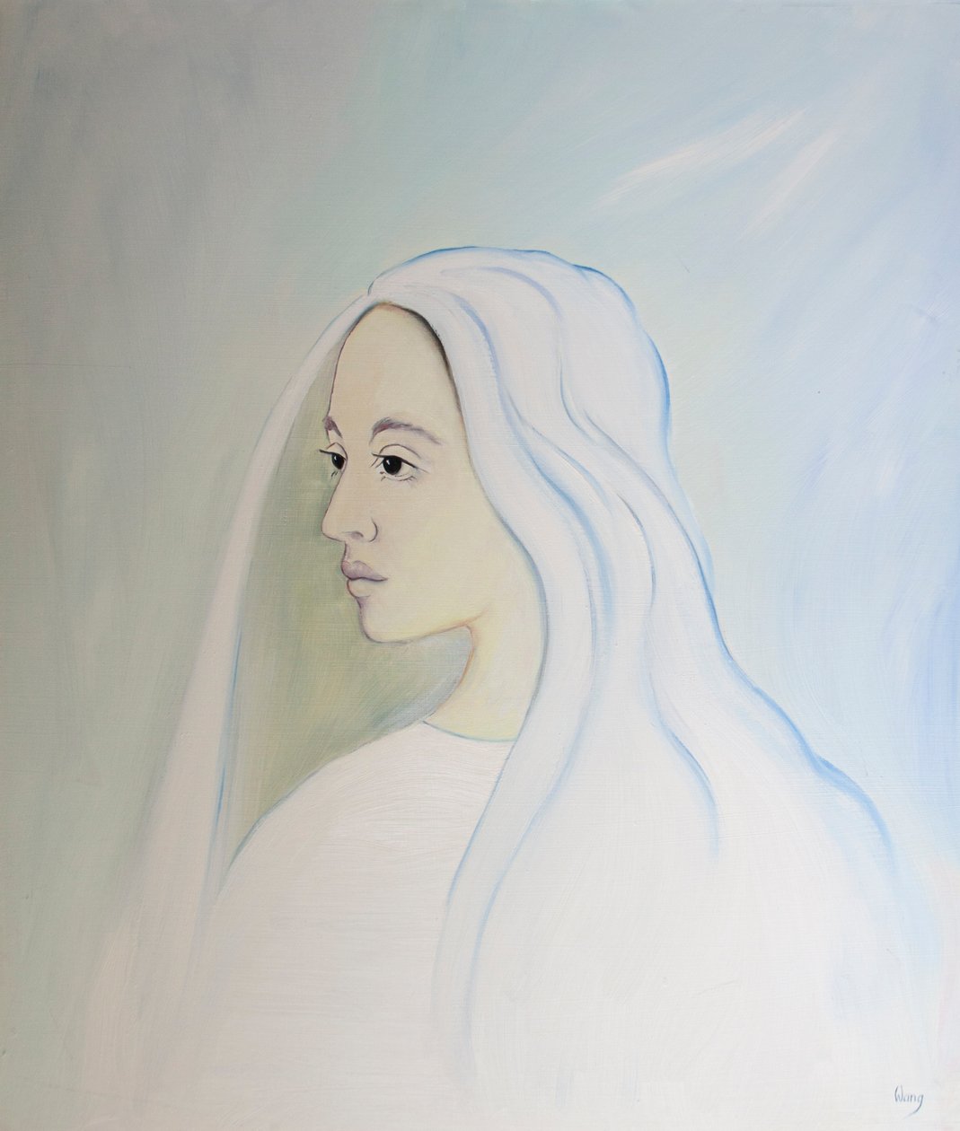 No céu, a Virgem Maria compartilha da preocupação de seu filho por tudo o que acontece na terra, 2000 (óleo a bordo) de Elizabeth Wang