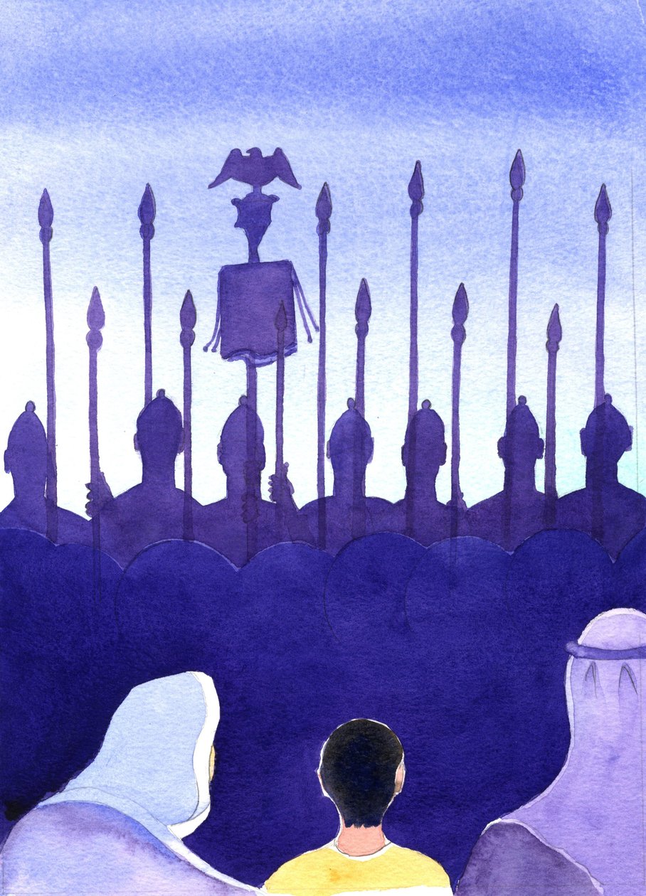Em sua infância, Jesus estava acostumado a ver soldados romanos e crucificações em 2001 (w - c no papel) de Elizabeth Wang