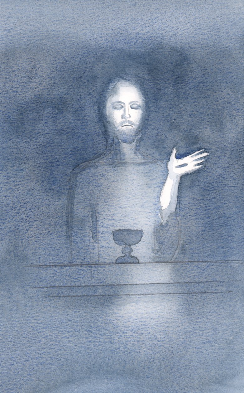 Na sua misericórdia, Cristo vem ao nosso altar, diariamente, enquanto O acolhemos, nas trevas da fé, 2000 (w - c no papel) de Elizabeth Wang