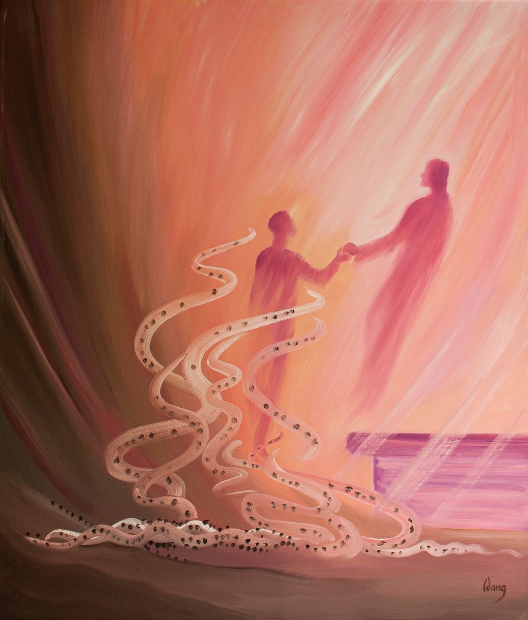 Na Sagrada Comunhão, nossos pequenos pecados caem como cinzas enquanto Cristo nos levanta para compartilhar Sua alegria, 2000 (óleo a bordo) de Elizabeth Wang