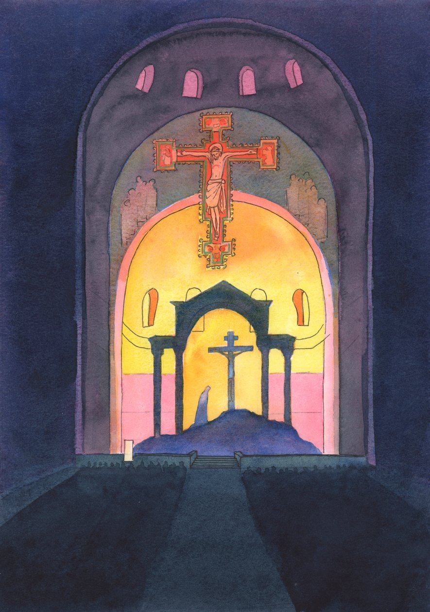 Na Catedral de Westminster, e em todas as igrejas católicas, o Sacrifício do Calvário é reapresentado para nossa salvação na Missa de 2004 (w - c no papel) de Elizabeth Wang