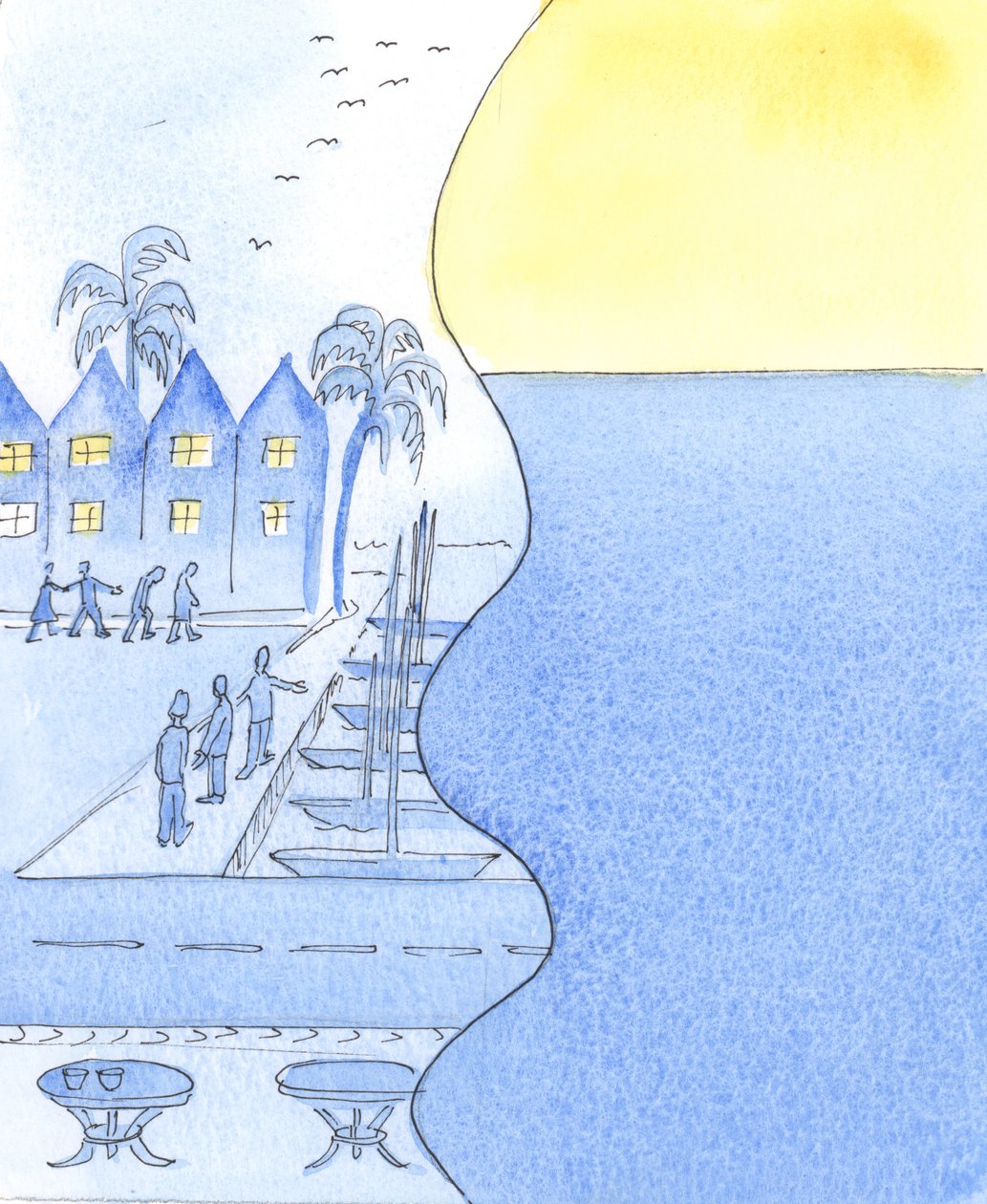 Em uma cidade litorânea, podemos contemplar as ruas movimentadas e o porto, ou admirar o céu e o mar calmo, 2003 (w - c no papel) de Elizabeth Wang