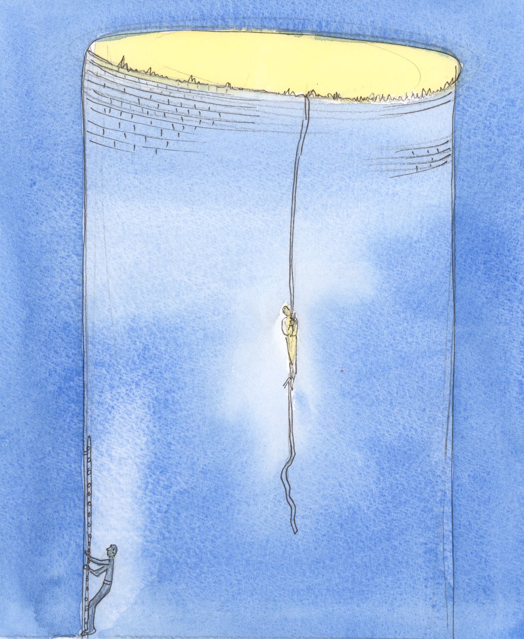 Em intercessão, é como se Deus permitisse que uma pessoa desça em uma corda para resgatar outra pessoa que está presa em um poço profundo no subsolo, 2004 (w - c no papel) de Elizabeth Wang