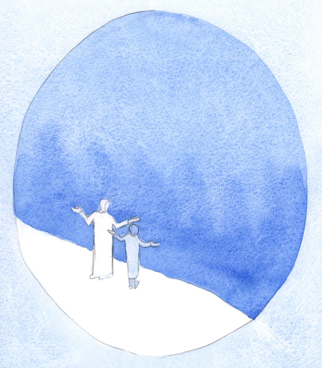 Ao oferecer o Sacrifício de Cristo, estamos tão perto de Deus quanto podemos estar, nossa oração saltando através do abismo, ao Pai, 2001 (w - c no papel) de Elizabeth Wang