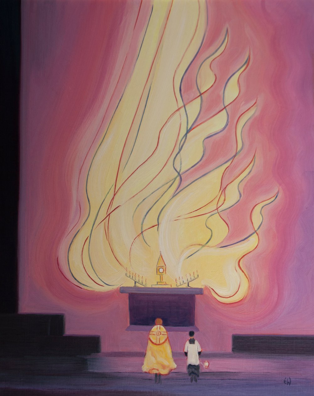 Em nosso santuário, em Cristo, especialmente na Exposição do Santíssimo Sacramento, temos diante de nós a plenitude e a glória da Divindade, e graças se derramam sobre nós, 2002 (óleo a bordo) de Elizabeth Wang