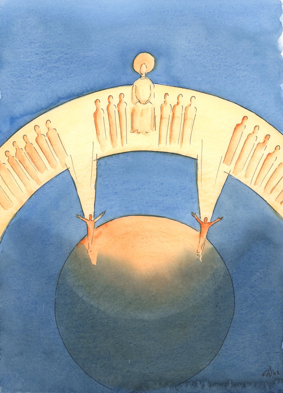 Na oração privada, podemos nos levantar em espírito para nos unirmos à Comunhão dos Santos no Céu em louvor ao Pai, por meio de Cristo, 2003 (w - c no papel) de Elizabeth Wang