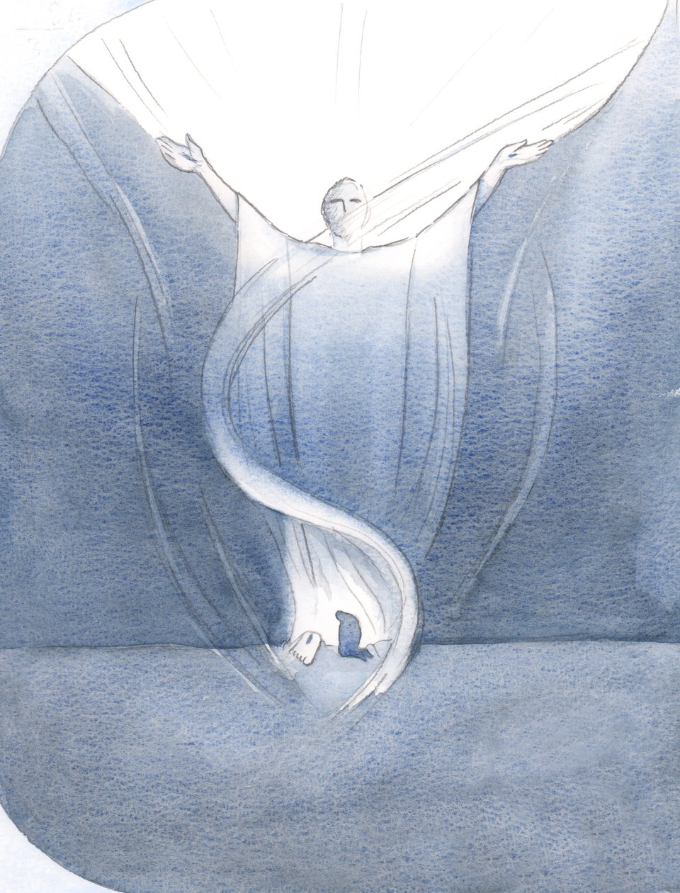 Na escuridão, acima de mim, vi Seus braços estendidos em oração, estendendo-se para a glória que eu não podia ver., 2000 (w - c no papel) de Elizabeth Wang
