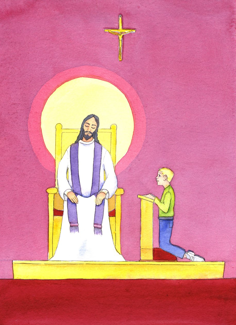 No sacramento da Confissão, o sacerdote ministra na pessoa de Cristo, levando Sua compaixão e misericórdia ao penitente, 2001 (w - c no papel) de Elizabeth Wang