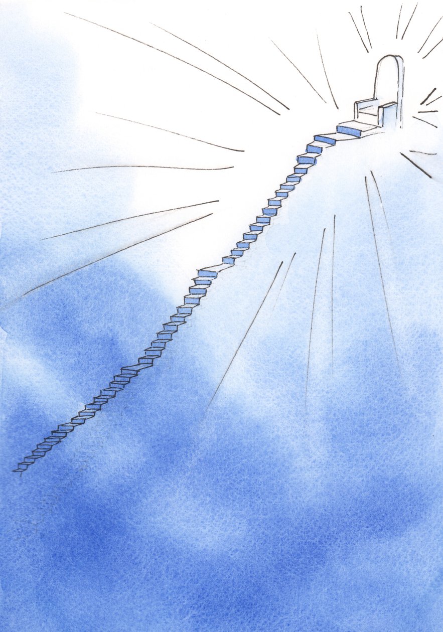 Na vida espiritual, uma escada está à frente, muito íngreme, mas com locais de descanso. No topo está o trono de Deus. O caminho está claro, 2002 (w - c no papel) de Elizabeth Wang