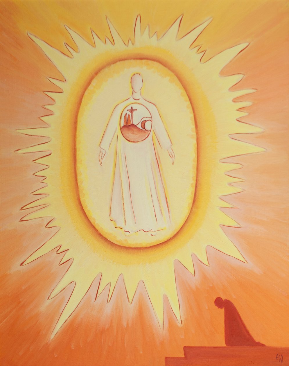 Ao voltar-me para o Cristo Ressuscitado que está com o Pai do Céu, encontro em Cristo todos os acontecimentos salvadores da Sua vida que são a razão da minha esperança, 2002 (óleo a bordo) de Elizabeth Wang