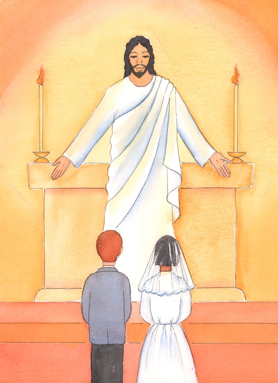 É importante que as crianças fazendo sua Primeira Comunhão sejam ensinadas sobre a Presença Real e sobre como viver uma vida santa e pura, 2004 (w - c no papel) de Elizabeth Wang