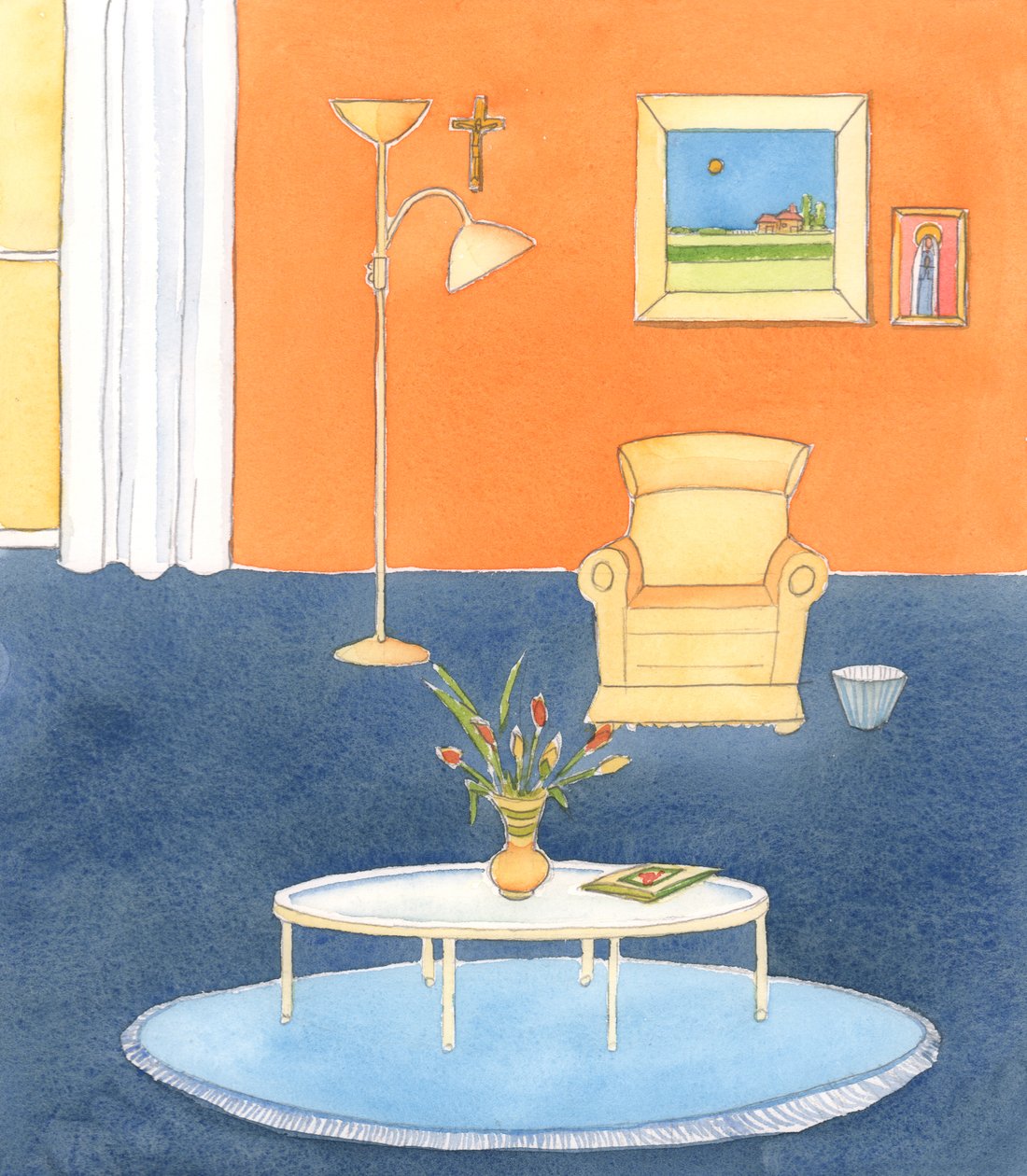 Não é necessário que todos vivam em ambientes sombrios, incolores e puritanos, como se através da austeridade e da simplicidade pudéssemos provar o nosso amor a Deus e aos pobres, 2005 (aguarela sobre papel) de Elizabeth Wang