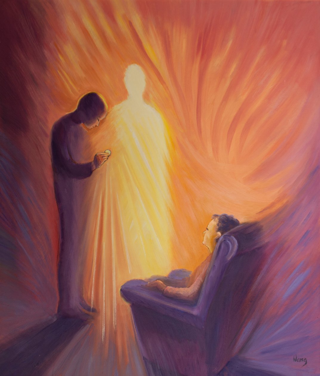 Jesus Cristo vem a nós na Sagrada Comunhão quando estamos doentes ou confinados em casa, 2001 (óleo a bordo) de Elizabeth Wang