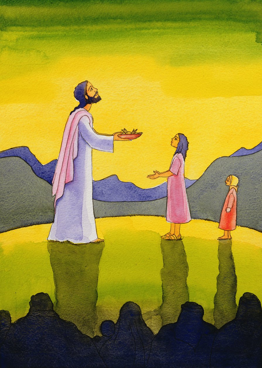 Jesus Cristo realiza o milagre dos pães e dos peixes, 2004 (w - c no papel) de Elizabeth Wang