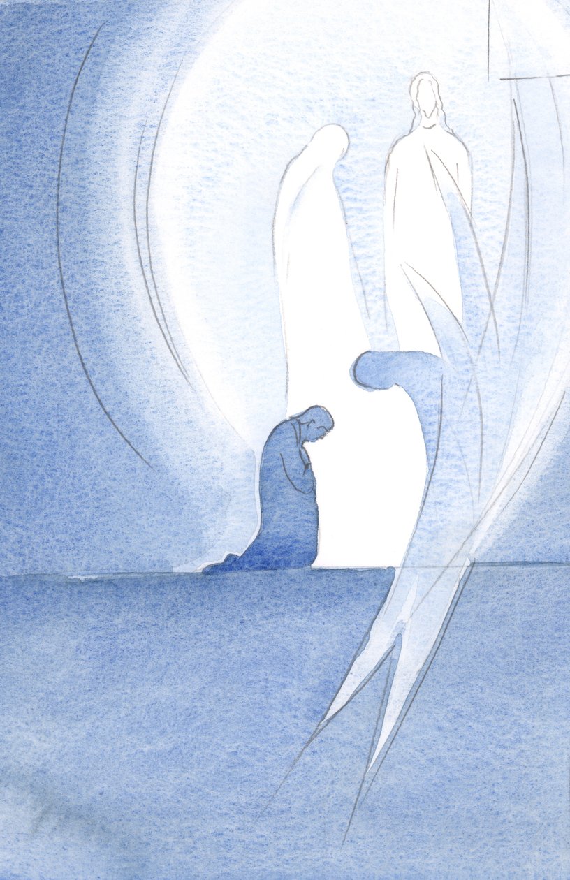 Jesus veio à minha alma com Sua Santa Mãe na Sagrada Comunhão, sem ser visto, e meu anjo juntou-se ao louvor ao Pai, 2000 (w - c no papel) de Elizabeth Wang