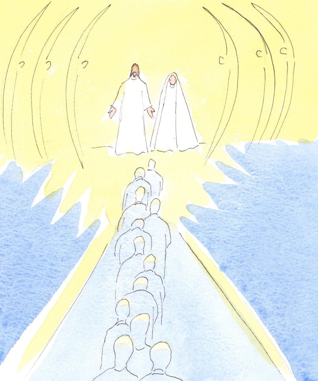 Jesus crucificado espera na porta do céu, com sua mãe Maria e os santos anjos, 2000 (w - c no papel) de Elizabeth Wang