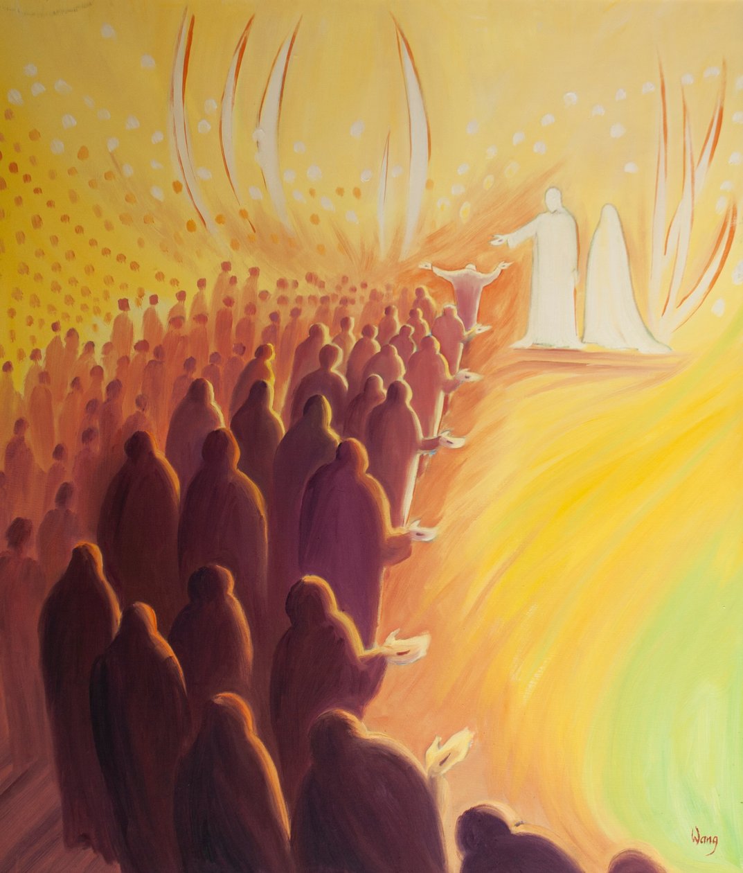 Jesus crucificado espera na porta do céu, com sua mãe Maria e os santos anjos, 2000 (óleo a bordo) de Elizabeth Wang