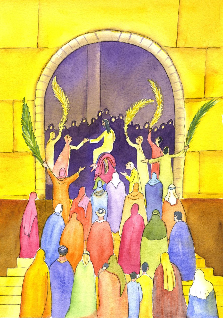Jesus entra em Jerusalém em procissão (Domingo de Ramos), 2001 (w - c no papel) de Elizabeth Wang