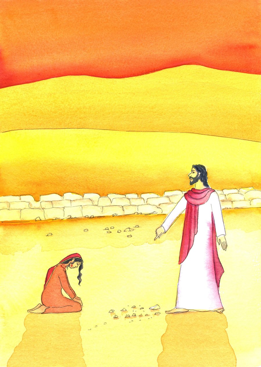 Jesus perdoa a mulher apanhada em adultério, 2006 (w - c no papel) de Elizabeth Wang