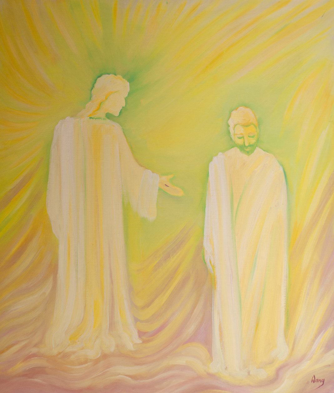 Jesus homenageia São José, seu pai adotivo, e nos pede para admirar suas virtudes e pedir suas orações, 2000 (óleo a bordo) de Elizabeth Wang
