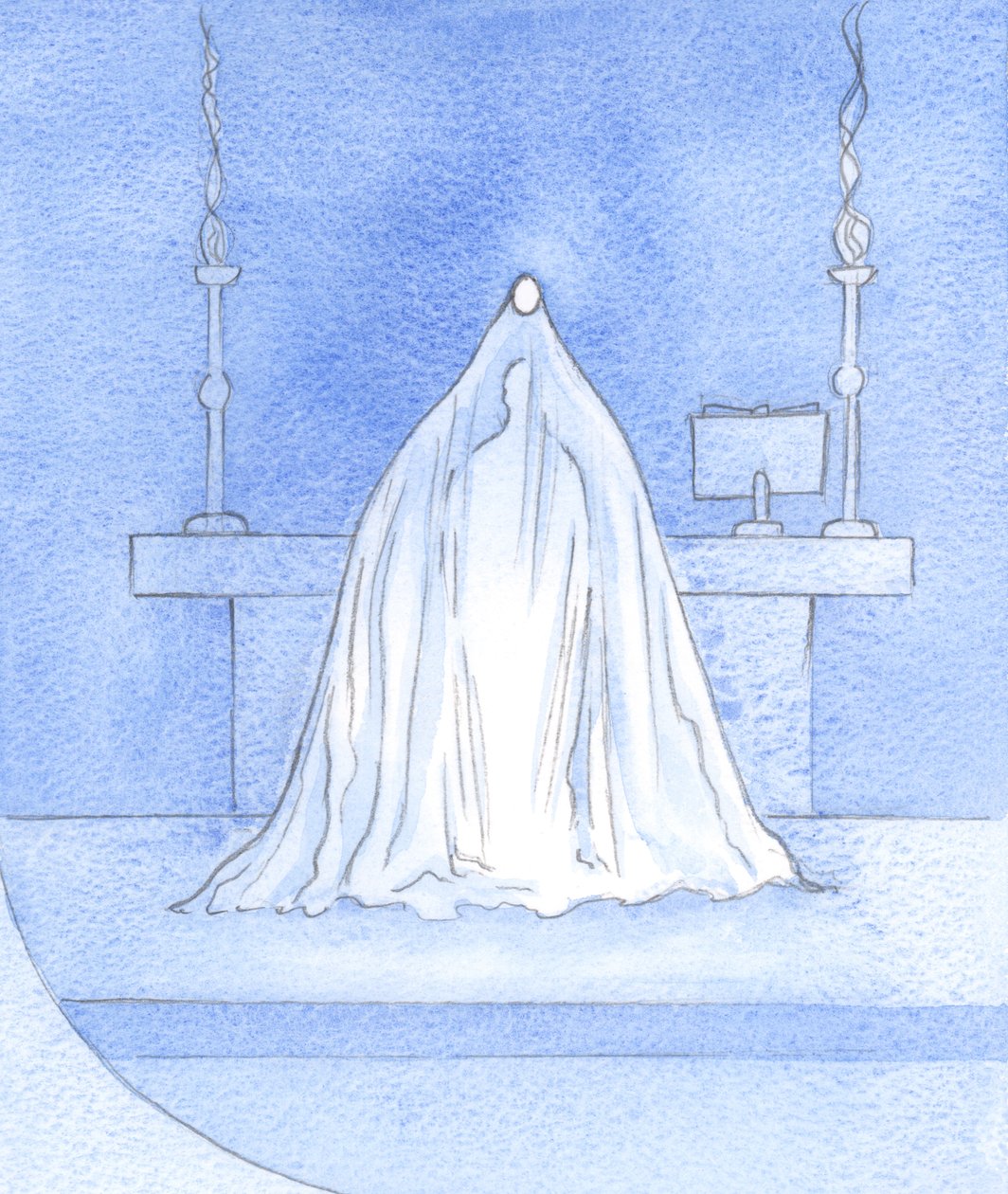 Jesus é Deus conosco, na consagração, velando Sua glória, mas toda a glória escondida de nós aqui é oferecida ao Pai., 2001 (w - c no papel) de Elizabeth Wang