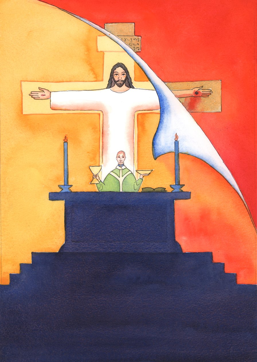 Jesus está presente conosco na missa, orando ao Pai em nosso nome, por ajuda em nossas necessidades e pela salvação eterna. Podemos unir todas as nossas orações com sua grande oração de sacrifício, 2004 (w - c on pa de Elizabeth Wang