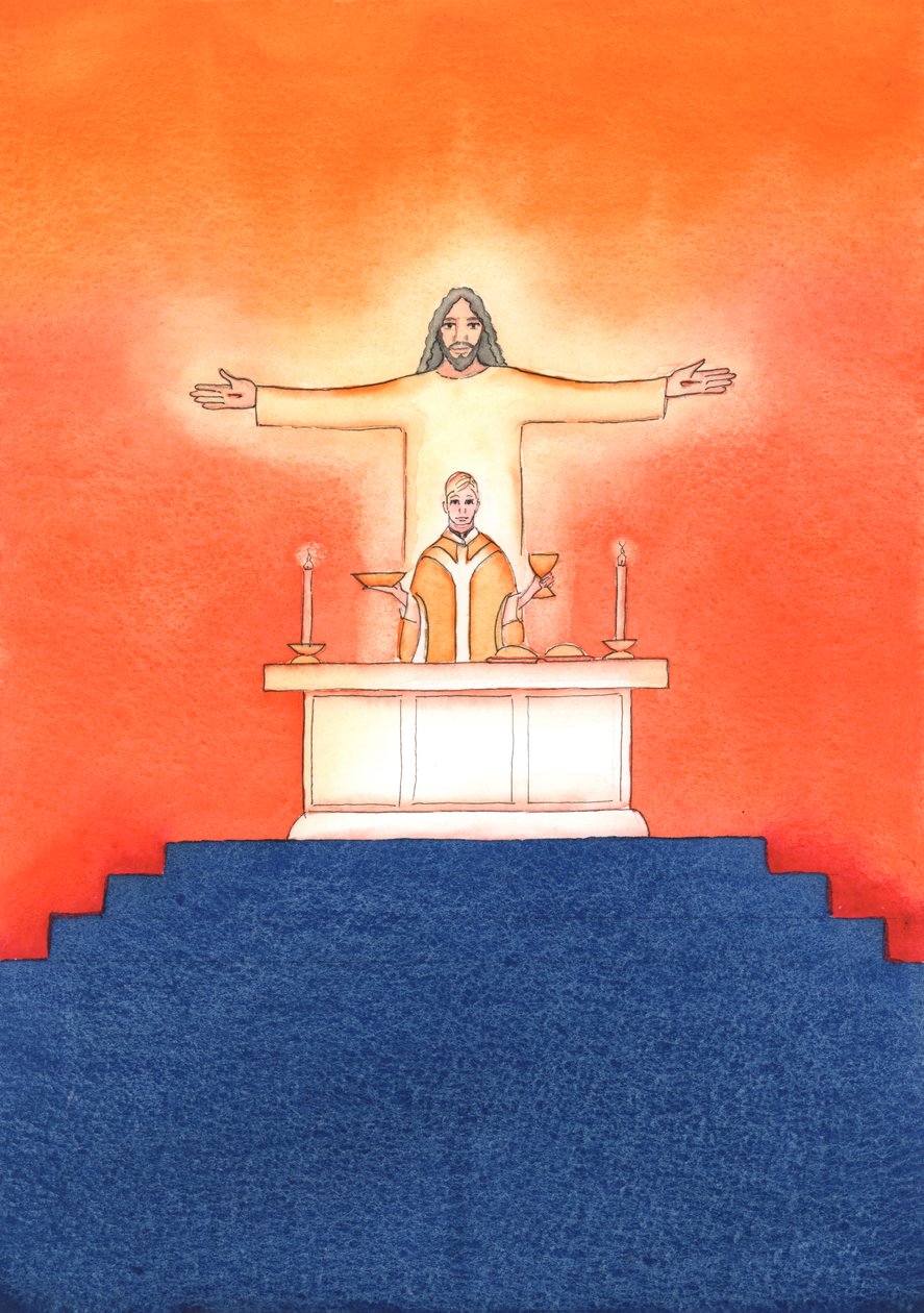 Jesus está presente conosco na missa, orando ao Pai em nosso nome, por ajuda em nossas necessidades e pela salvação eterna. Podemos unir todas as nossas orações com sua grande oração de sacrifício, 2004 (w - c on pa de Elizabeth Wang