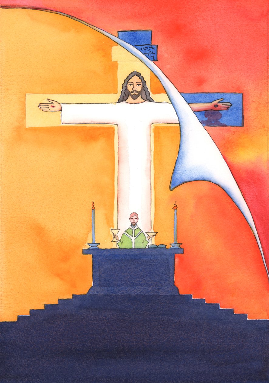 Jesus está presente conosco na missa, orando ao Pai em nosso nome, por ajuda em nossas necessidades e pela salvação eterna. Podemos unir todas as nossas orações com sua grande oração de sacrifício, 2004 (w - c on pa de Elizabeth Wang