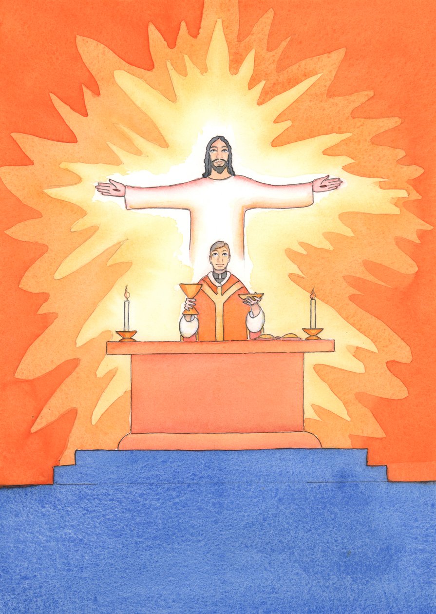Jesus está presente conosco na missa, orando ao Pai em nosso nome, por ajuda em nossas necessidades e pela salvação eterna. Podemos unir todas as nossas orações com sua grande oração de sacrifício, 2004 (w - c on pa de Elizabeth Wang