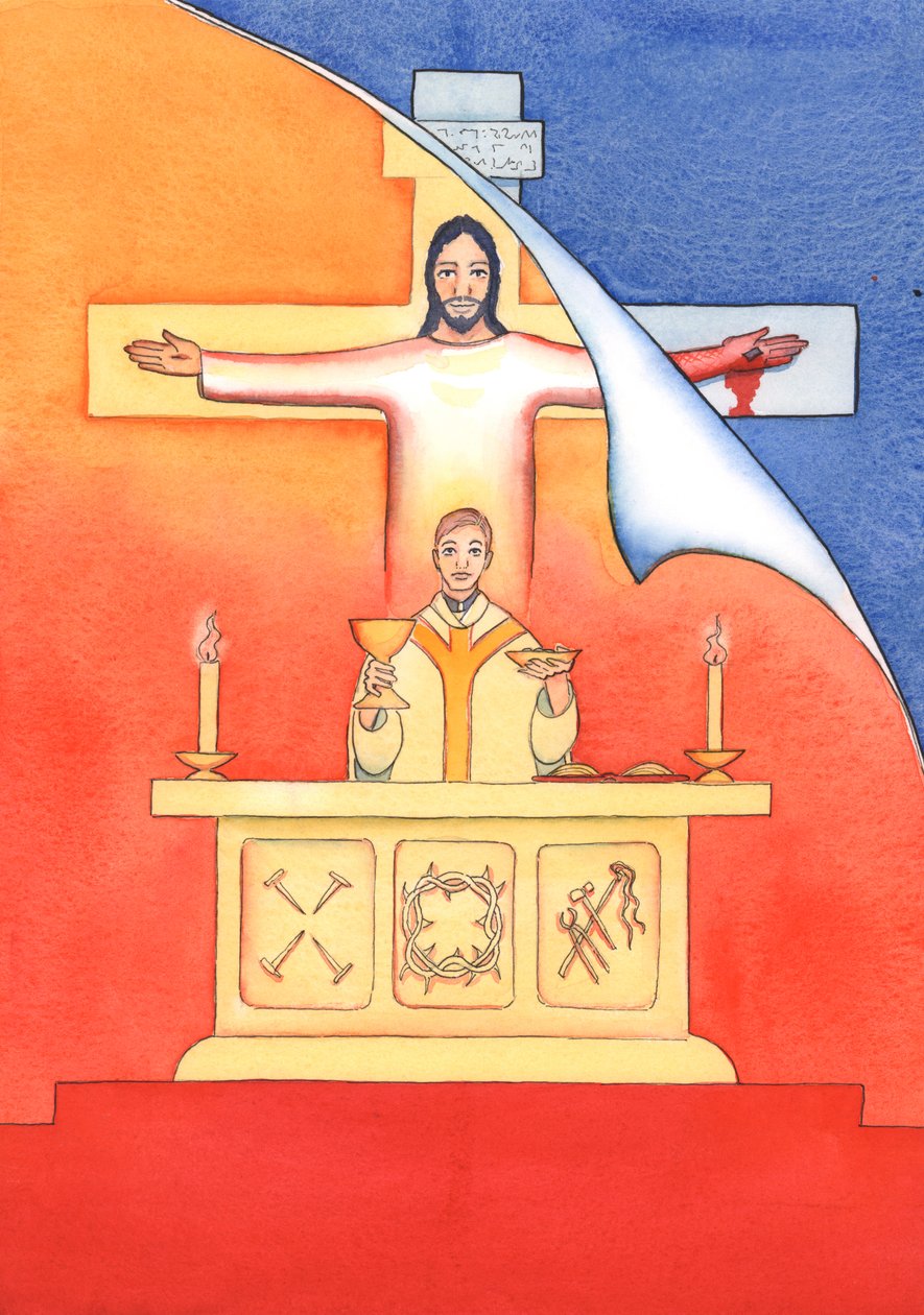 Jesus está presente conosco na missa, orando ao Pai em nosso nome, por ajuda em nossas necessidades e pela salvação eterna. Podemos unir todas as nossas orações com sua grande oração de sacrifício, 2004 (w - c on pa de Elizabeth Wang