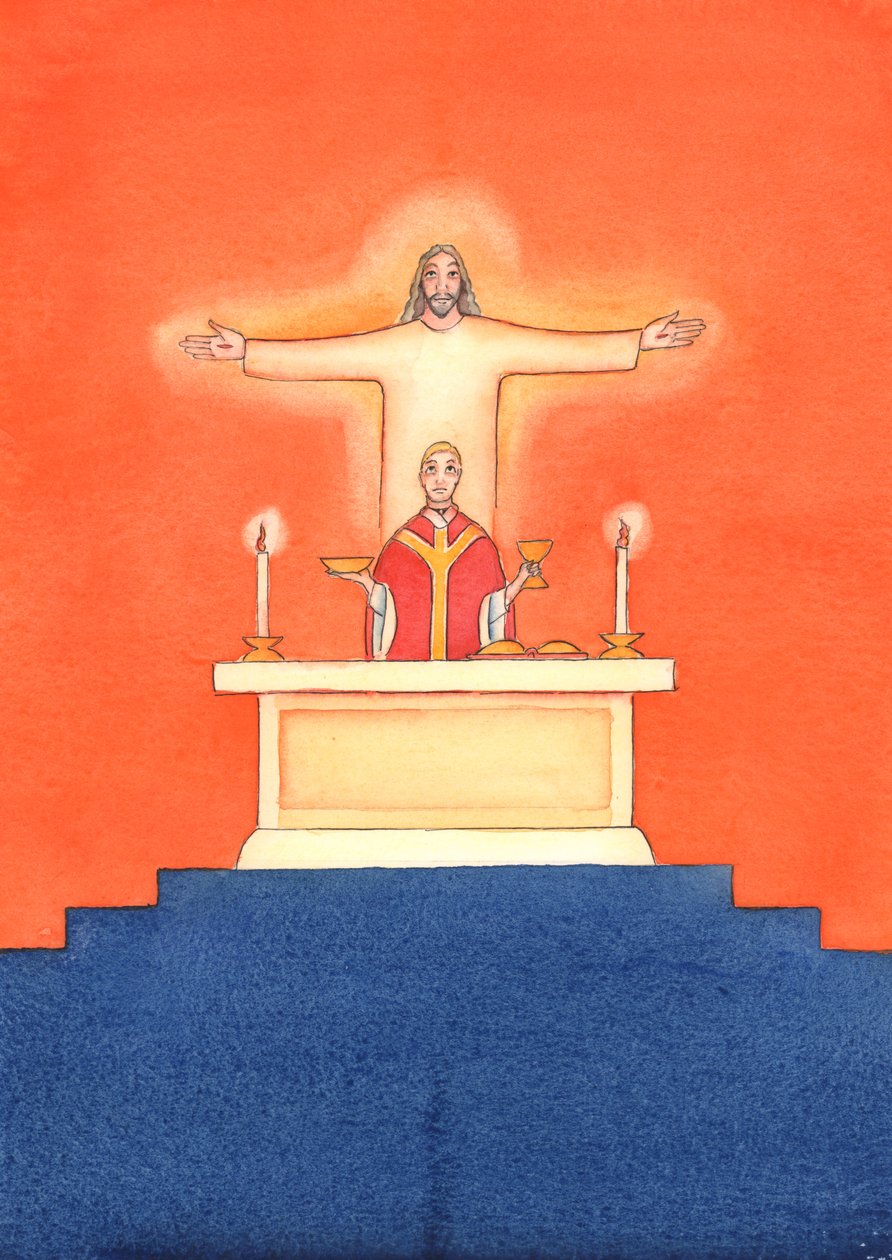 Jesus está presente conosco na missa, orando ao Pai em nosso nome, por ajuda em nossas necessidades e pela salvação eterna. Podemos unir todas as nossas orações com sua grande oração de sacrifício, 2004 (w - c on pa de Elizabeth Wang