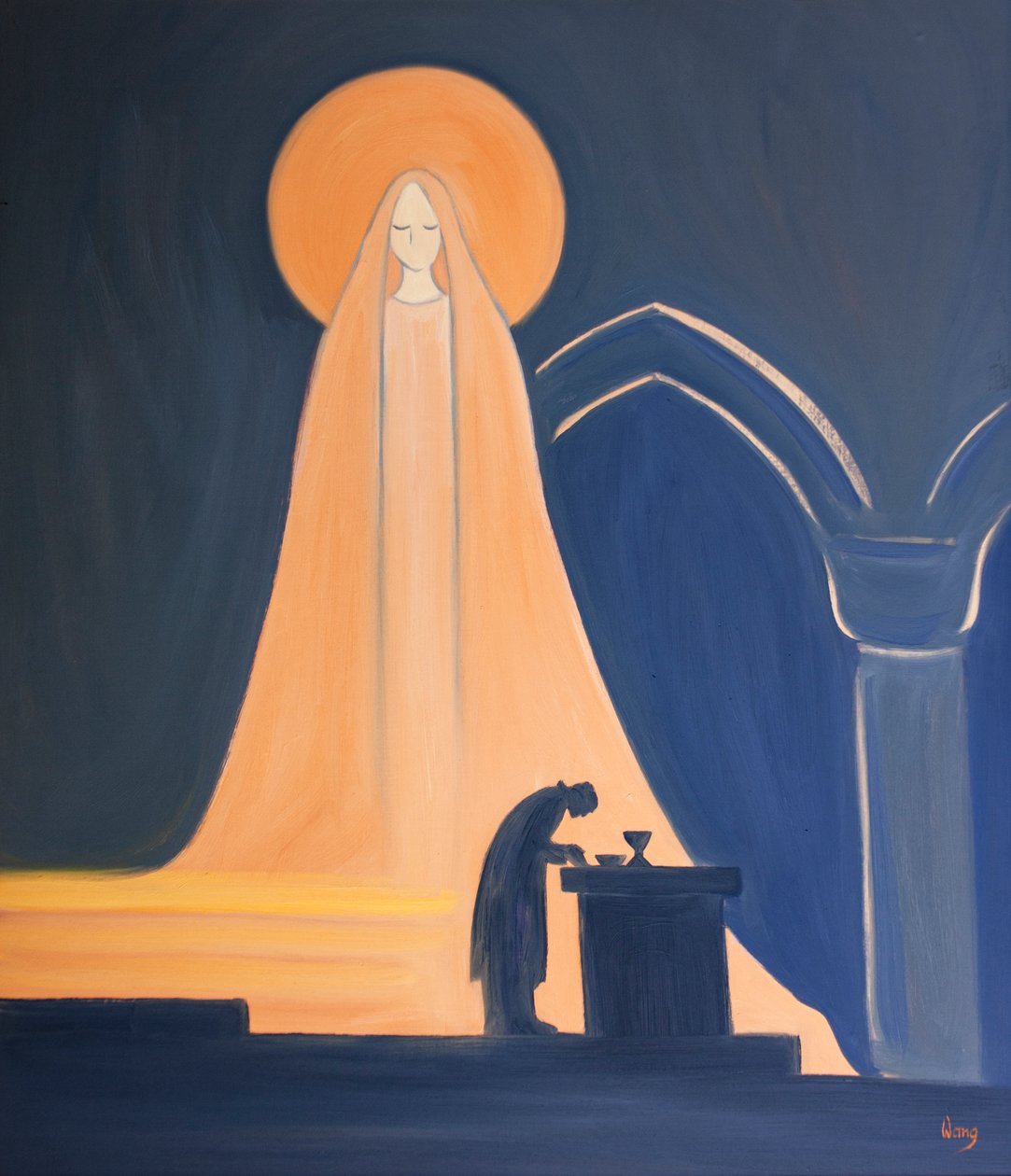 Jesus é verdadeiramente o Filho de Maria; tudo o que ele possui, em Sua sagrada humanidade, vem de Sua Santa Mãe, 2000 (óleo a bordo) de Elizabeth Wang