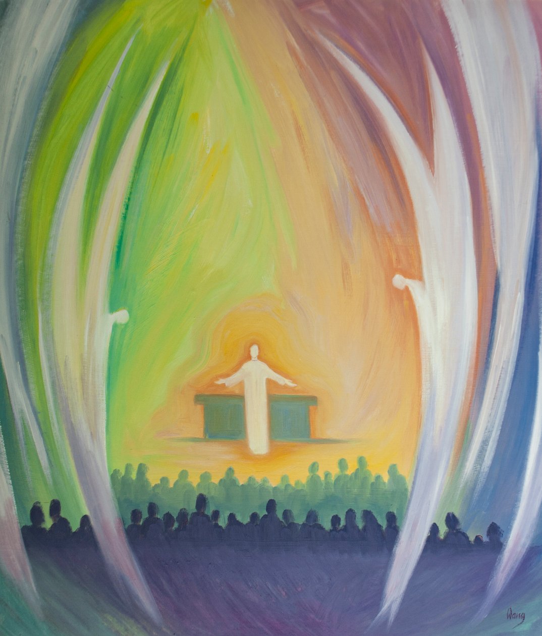 Jesus está verdadeiramente presente conosco na missa, adorada pelos anjos, 2000 (óleo a bordo) de Elizabeth Wang