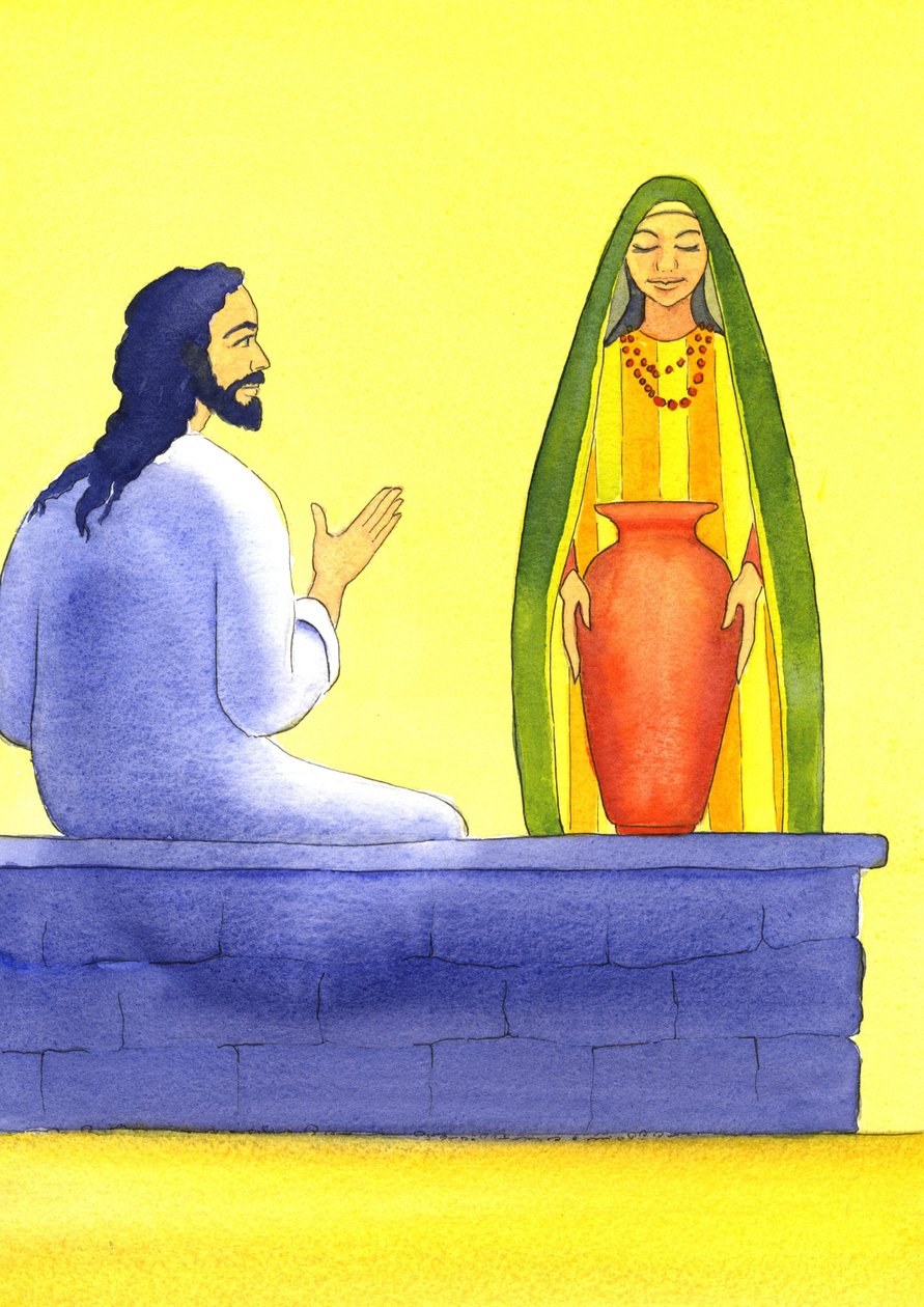 Jesus encontra a mulher samaritana no poço, 2001 (w - c no papel) de Elizabeth Wang