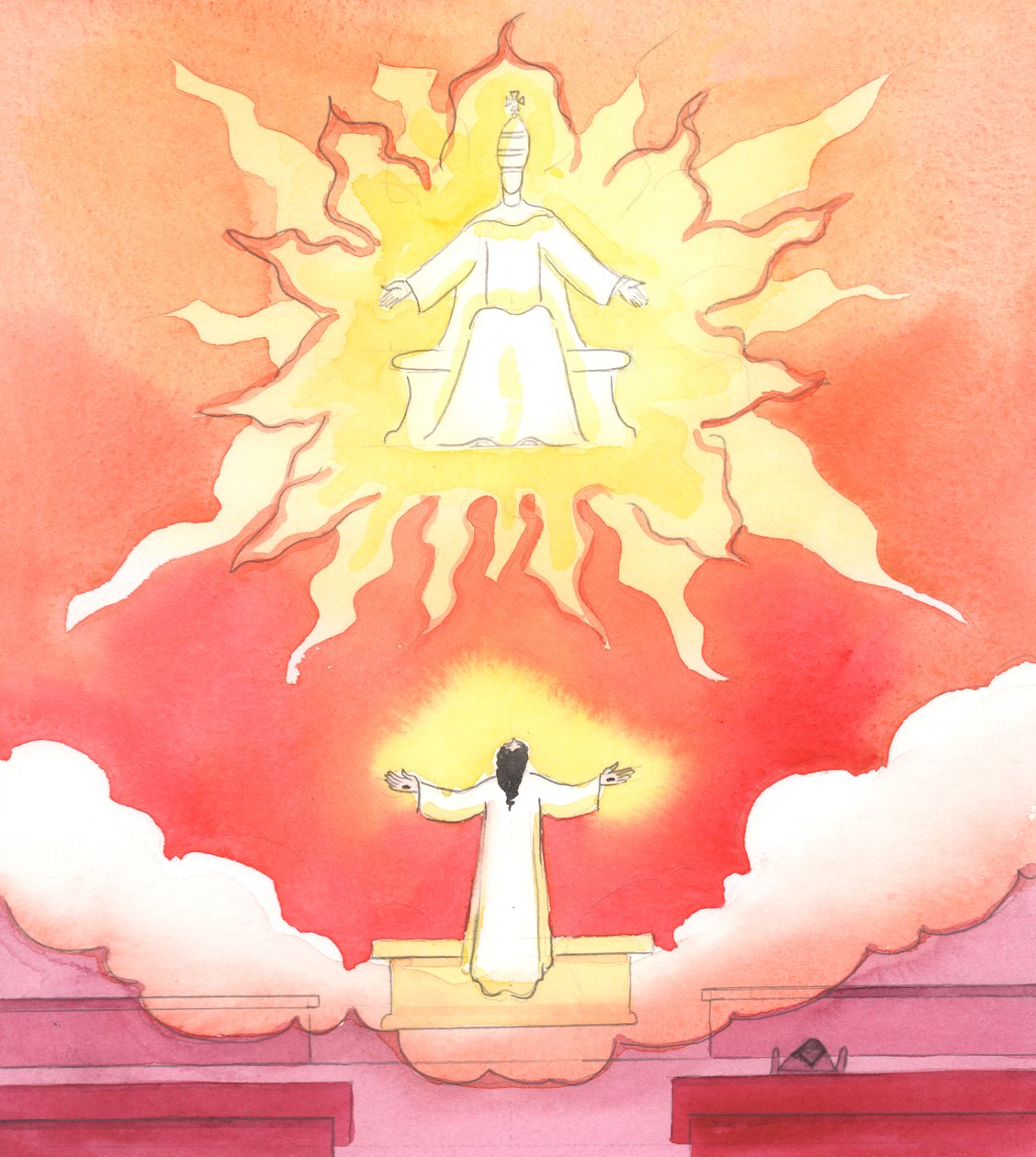 Jesus, nosso Deus e Salvador, reza conosco e por nós em cada missa, não importa quais &39;nuvens&39; de tristeza ou turbulência pareçam encher nossas vidas, 2004 (w - c no papel) de Elizabeth Wang