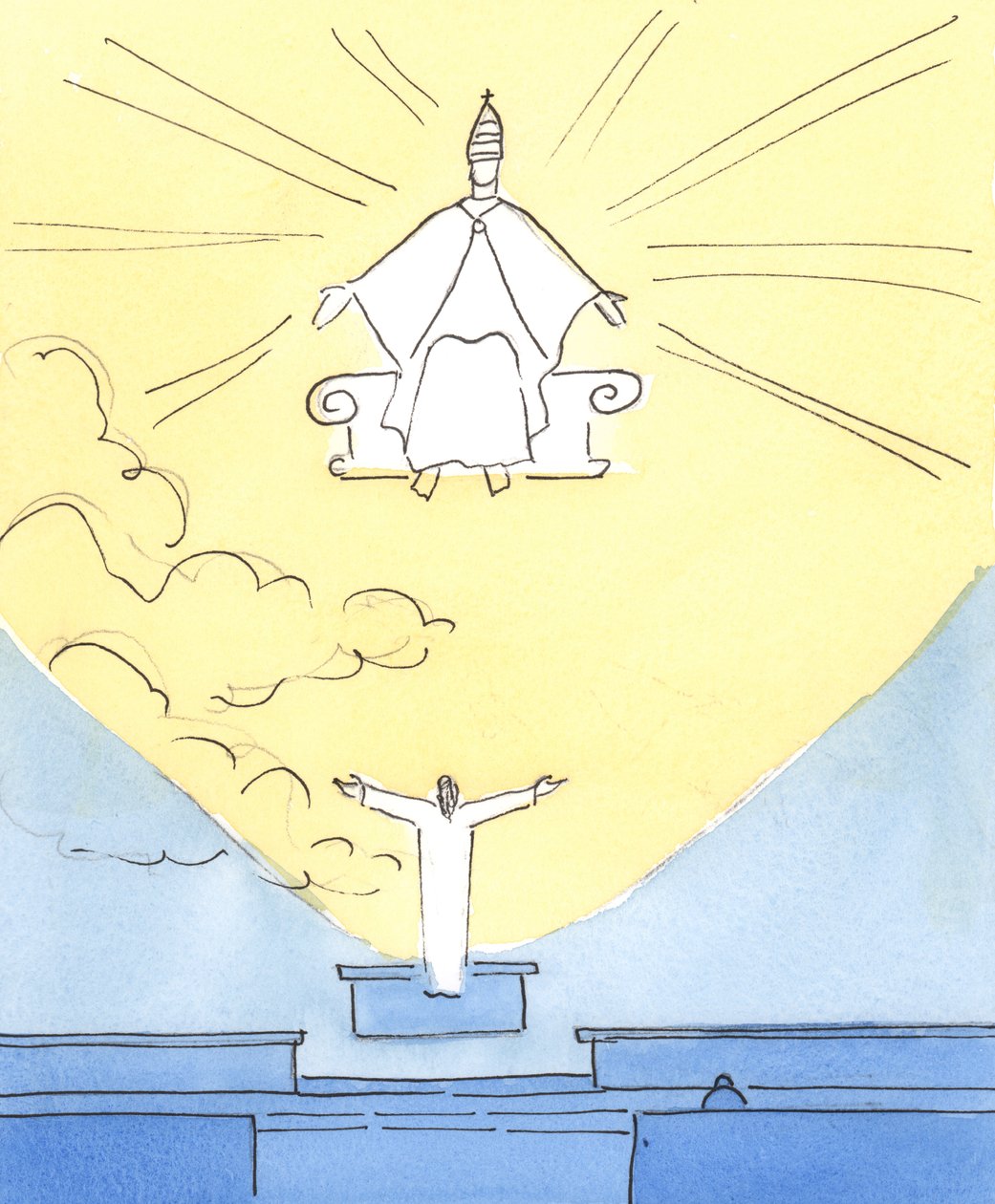 Jesus, nosso Deus e Salvador, reza conosco e por nós em cada missa, não importa quais &39;nuvens&39; de tristeza ou turbulência pareçam encher nossas vidas, 2004 (w - c no papel) de Elizabeth Wang
