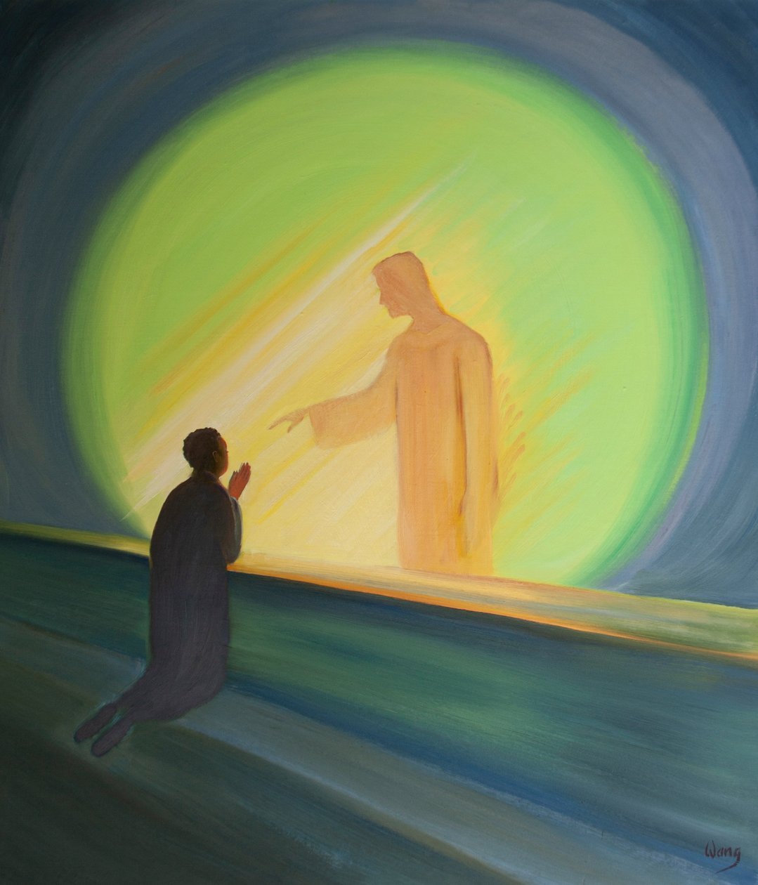 Jesus chega até nós na Sagrada Comunhão para aliviar nossos fardos e nos dar alegria, 2000 (óleo a bordo) de Elizabeth Wang