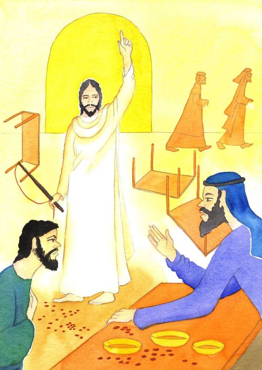 Jesus diz aos cambistas do Templo: Não está escrito: "A minha casa será chamada casa de oração para todas as nações", 2001 (w - c no papel) de Elizabeth Wang