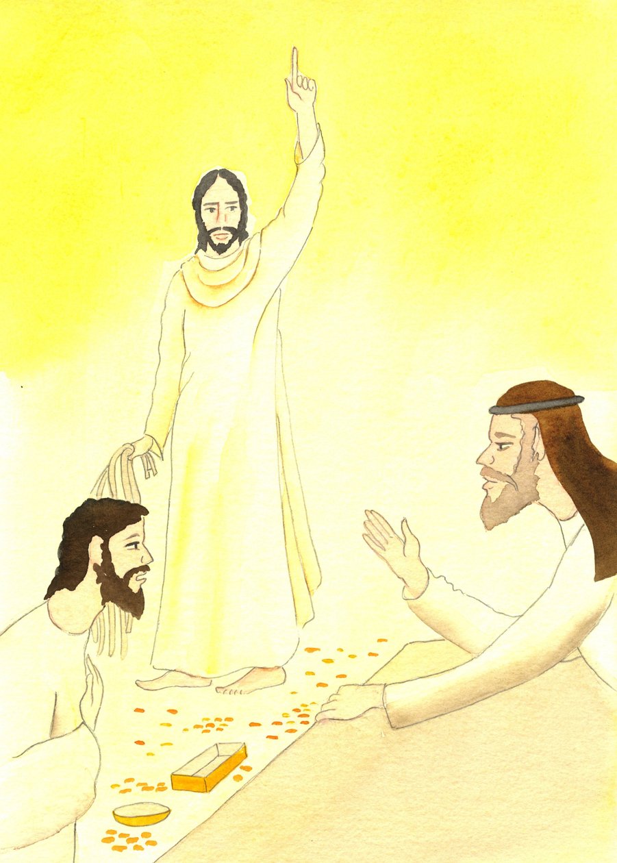 Jesus diz aos cambistas do Templo: Não está escrito: "A minha casa será chamada casa de oração para todas as nações", 2001 (w - c no papel) de Elizabeth Wang
