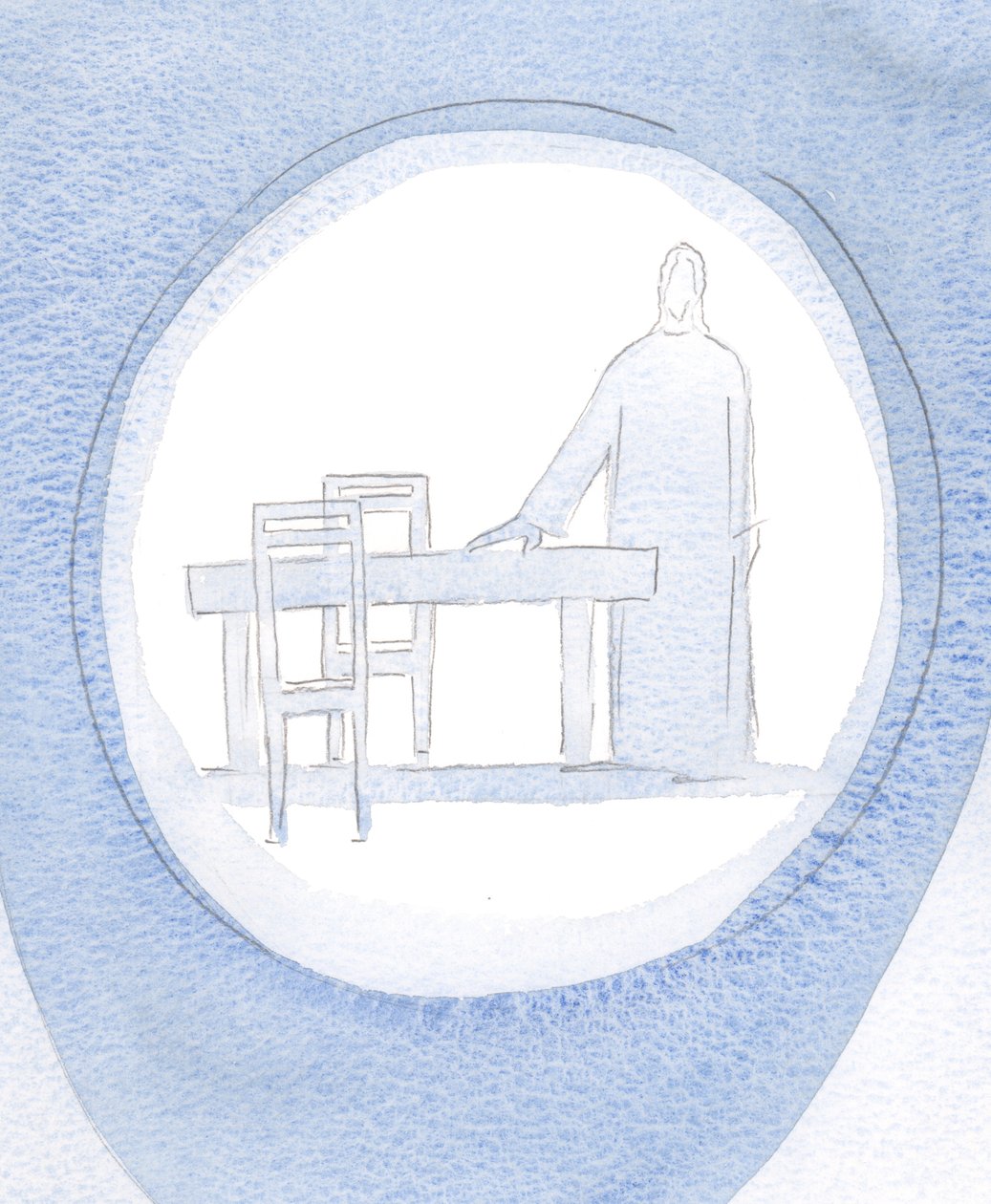 Jesus sorriu para mim e apontou para uma mesa e duas cadeiras, pois estava esperando para jantar comigo, apesar das minhas distrações, 2000 (w - c no papel) de Elizabeth Wang