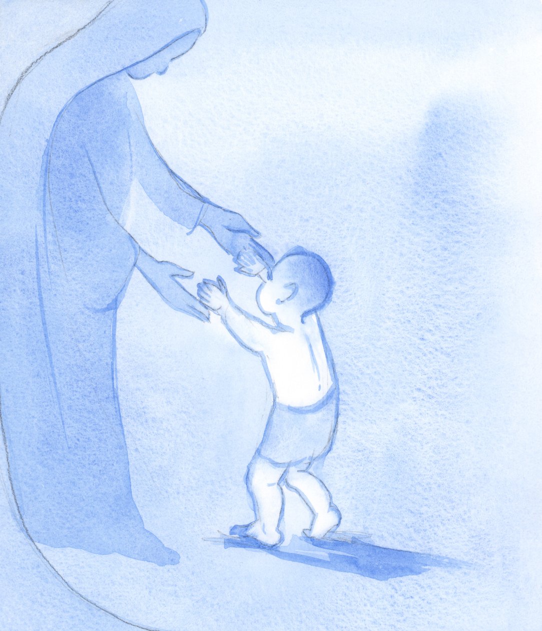 Assim como Cristo caminhou firmemente para a frente, sustentado por Sua Mãe, também podemos caminhar como simples crianças confiantes, sem medo e esperançosas, 2002 (w - c no papel) de Elizabeth Wang