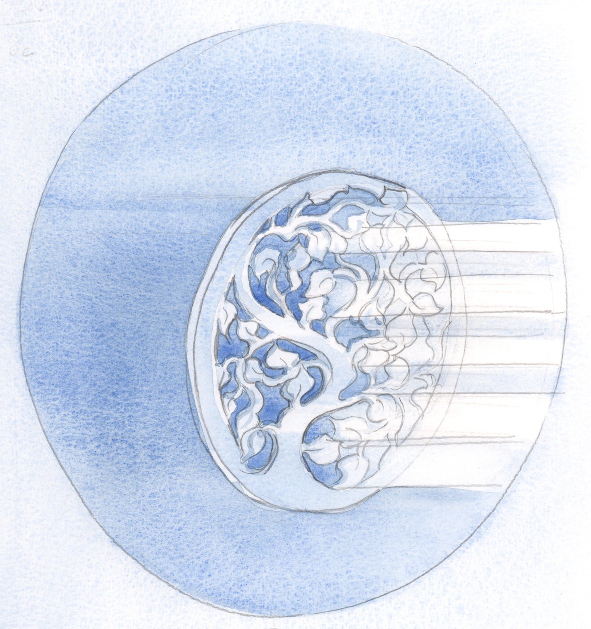 Assim como um desenho quebrado (em uma placa de ouro) pode ser consertado por uma substância adicionada, nossa oração é aperfeiçoada por sua união com a oração de Cristo, 2000 (w - c no papel) de Elizabeth Wang