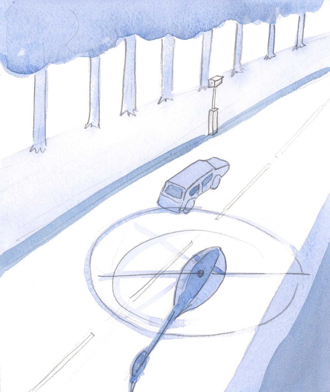 Assim como um motorista em uma estrada principal, hoje em dia, não pode deixar de ser notado e fotografado, 2004 (a - c no papel) de Elizabeth Wang