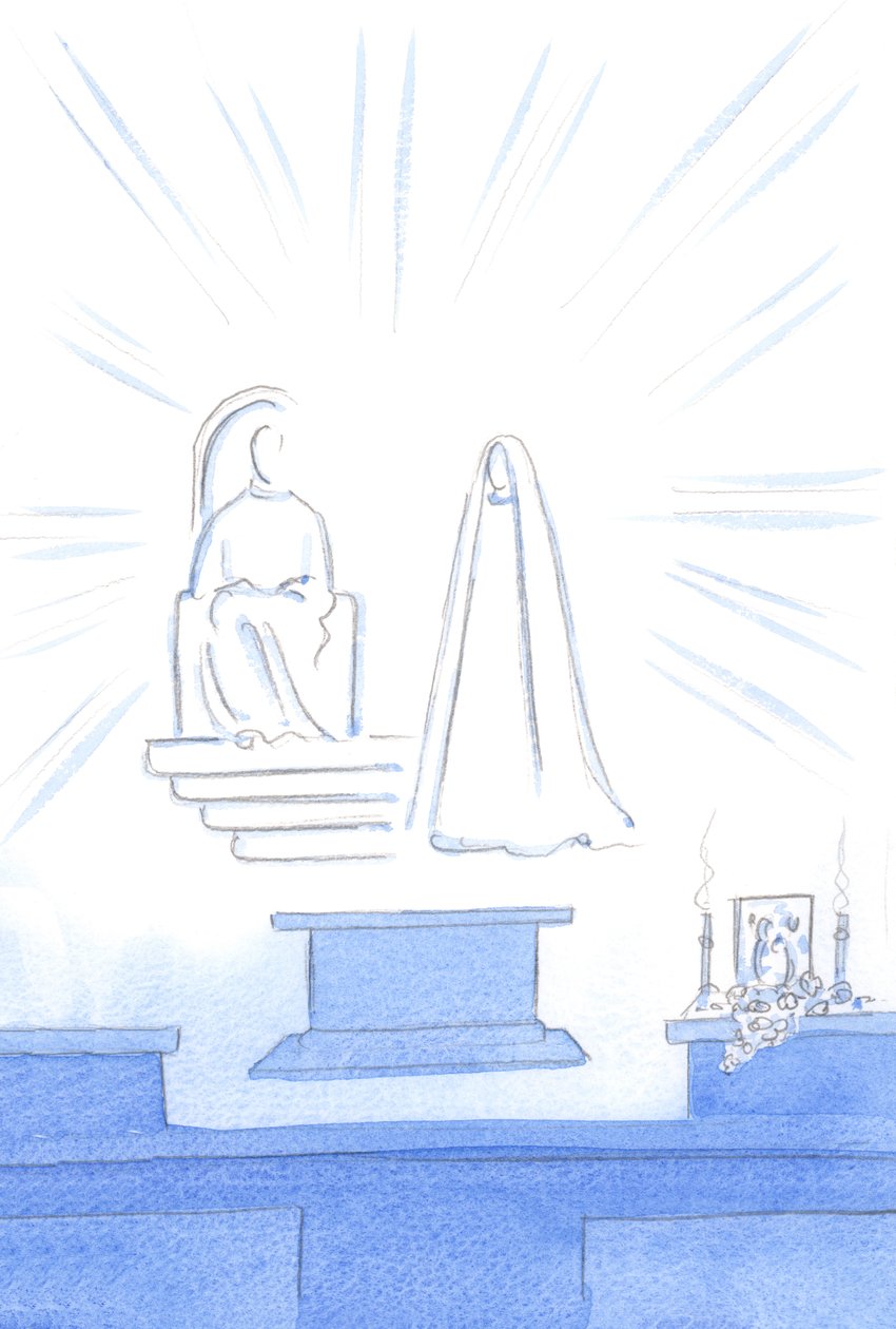 Assim como, para uma festa terrena, temos convidados, música e luz, também convidados celestiais participam da &39;festa&39; que é a nossa novena e bênção !, 2002 (w - c no papel) de Elizabeth Wang