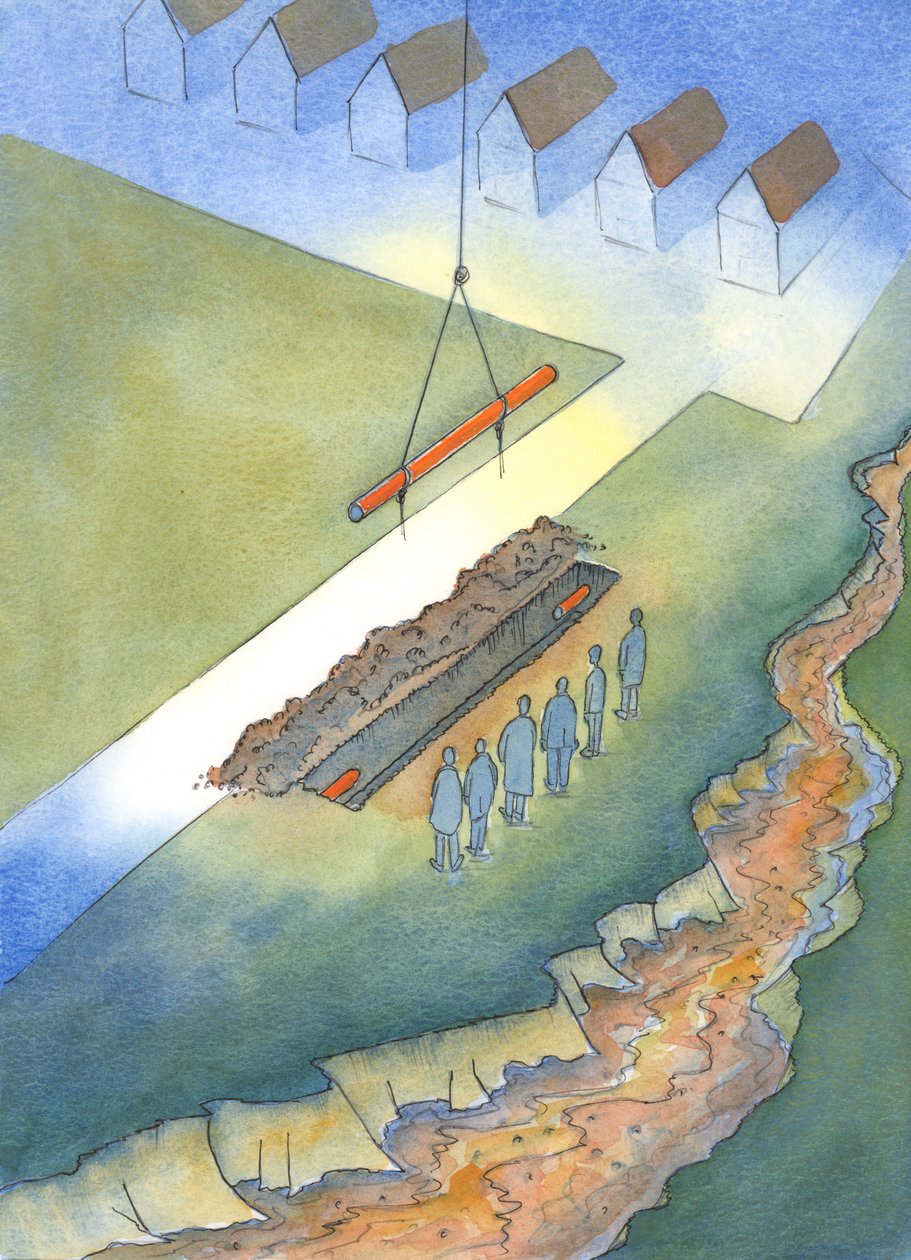 Da mesma forma que é inútil instalar canos de esgoto se um esgoto a céu aberto puder permanecer próximo, 2003 (w - c no papel) de Elizabeth Wang