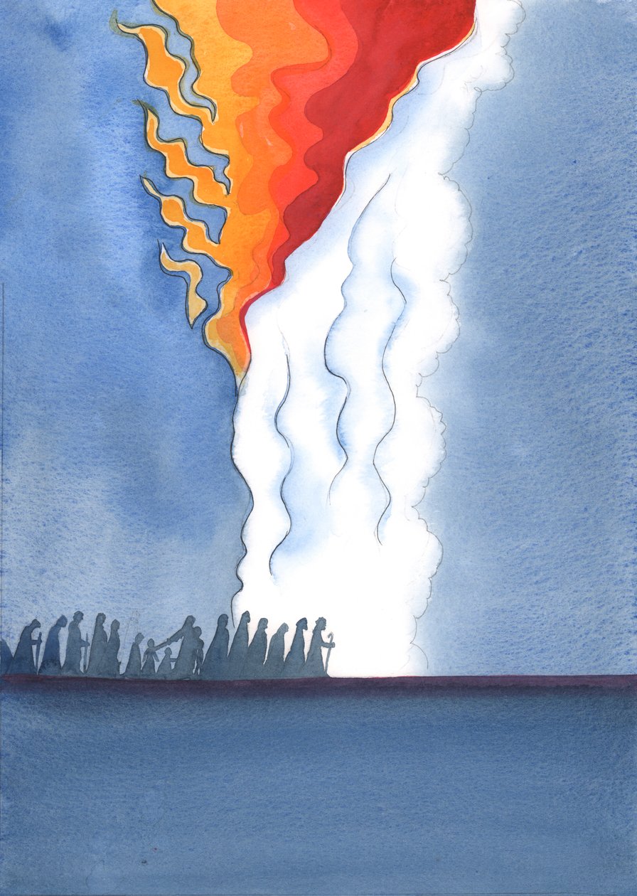 Assim como o povo de Deus no tempo de Moisés era conduzido por uma coluna de fogo, um verdadeiro contemplativo hoje pode ser guiado interiormente como se por um forte e doce fogo, 2003 (w - c no papel) de Elizabeth Wang