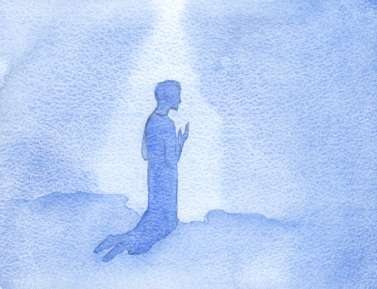 Ajoelhado na encosta de uma colina na Galiléia, Jesus louvou a Deus e agradeceu-lhe por Sua Santa Mãe, e por Seu amor e orações., 2001 (w - c no papel) de Elizabeth Wang